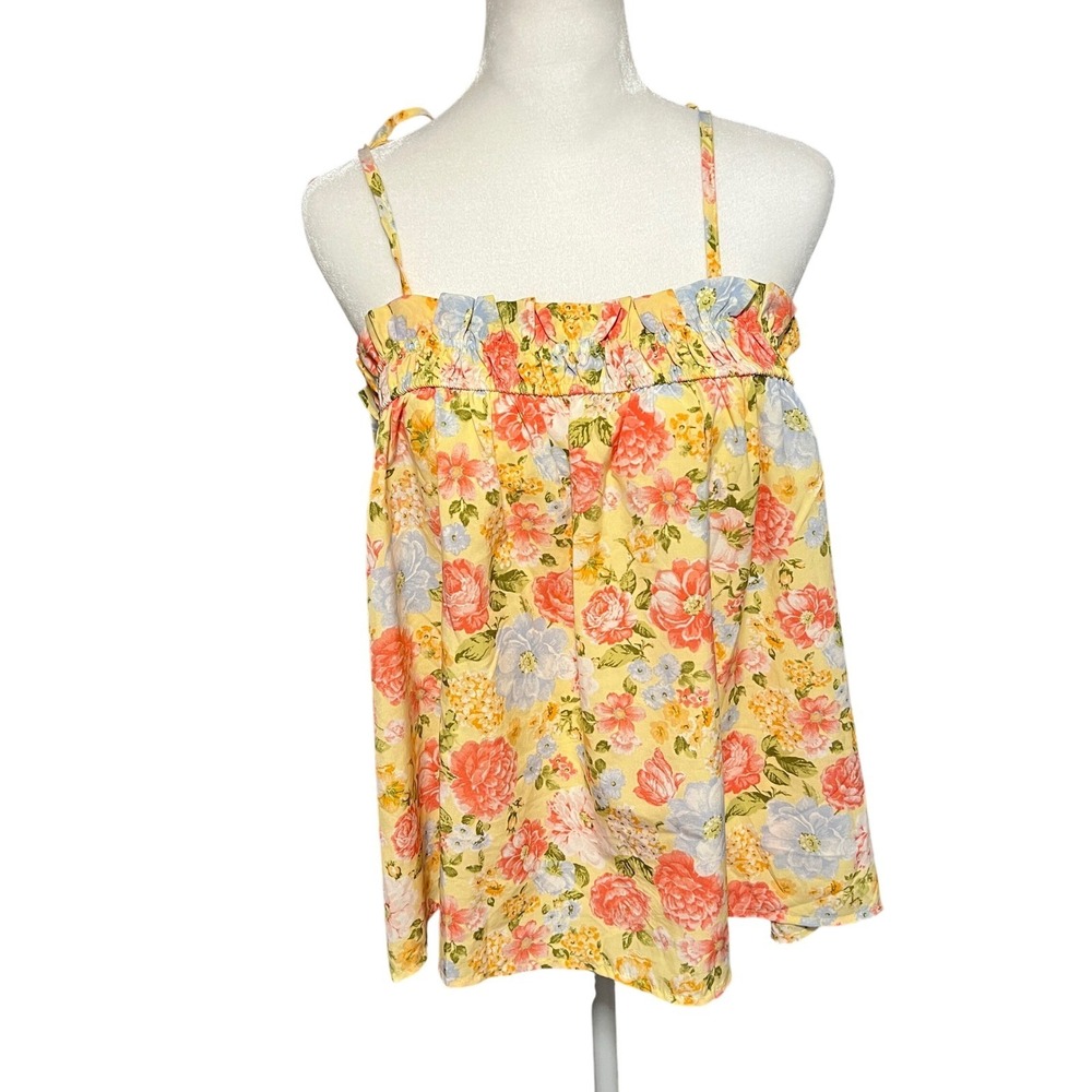 Blu Pepper Yellow Floral Print Ruffle Trim Sleeveless Top‎ Size Large Feminine
